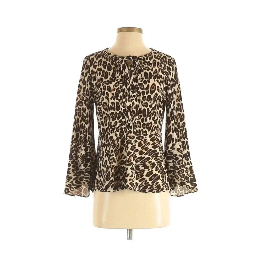 Chico's Size S  Lavish Cheetah Lace Up Flare Sleeve Top Blouse NEW!!